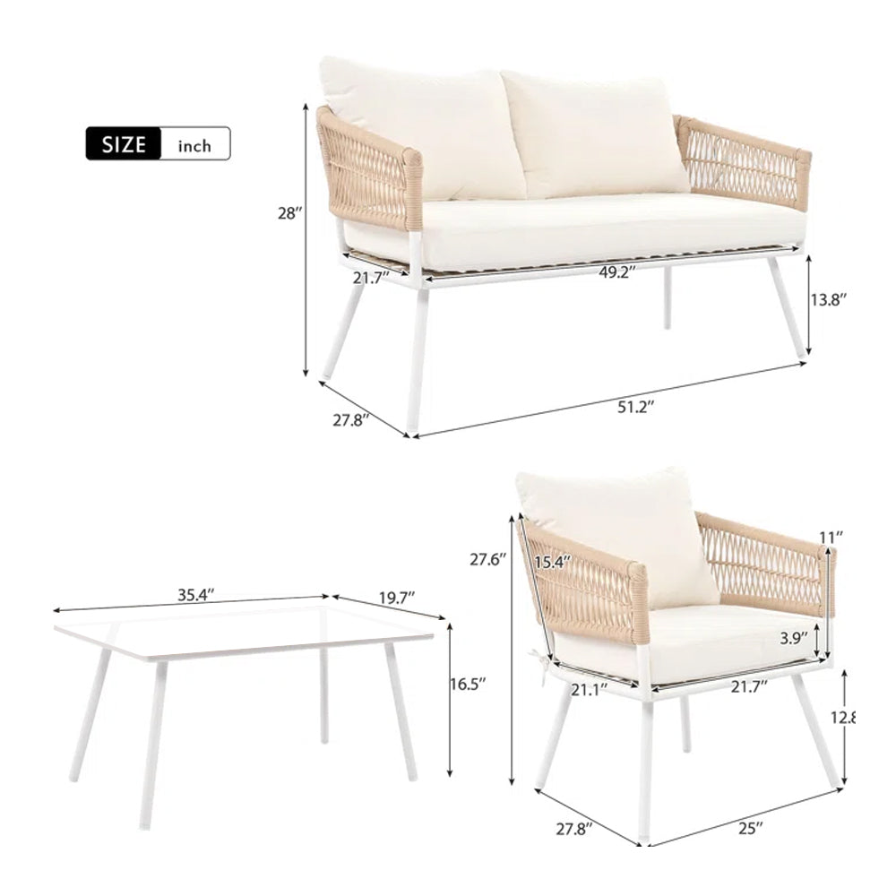 Teufel Outdoor Garden Balcony 4 Seater Sofa Set Braided and Rope-Beige