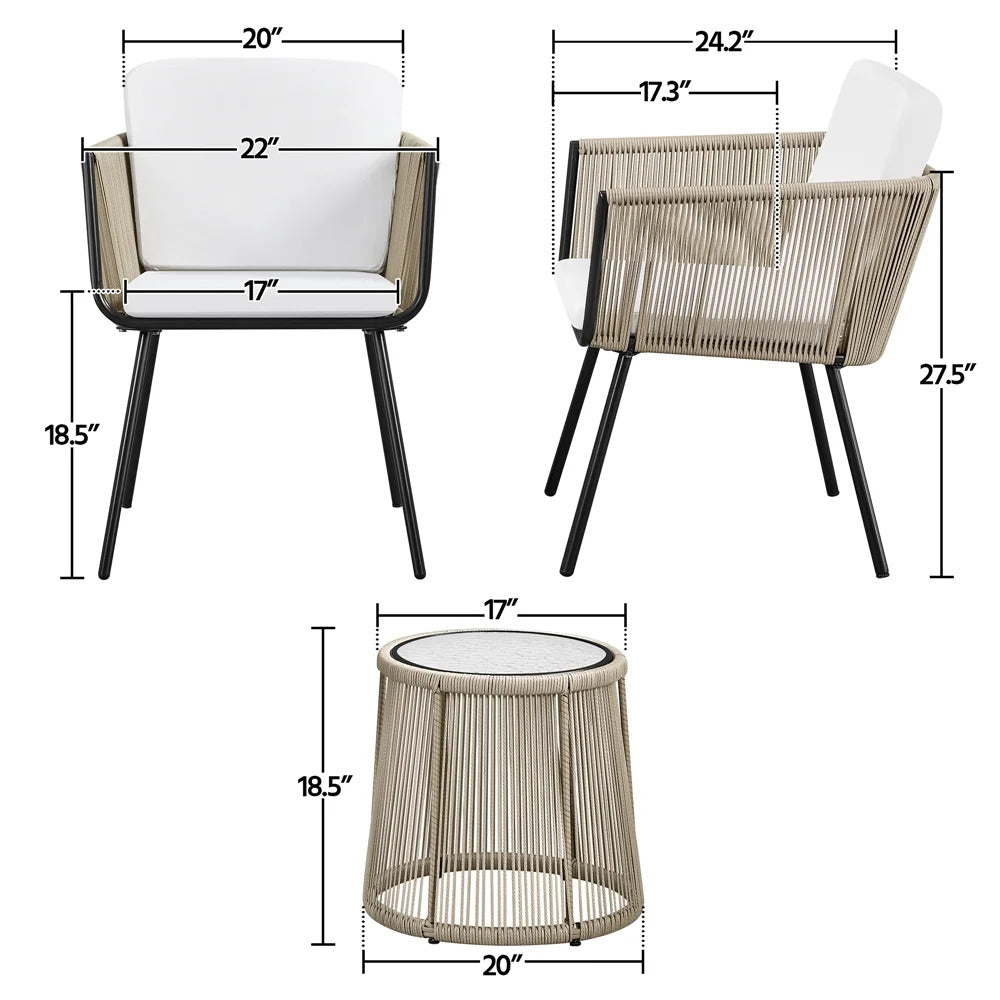Sias Outdoor Patio Set| Durable Garden Furniture-2 Chairs + 1 Table Tan Braided & Rope