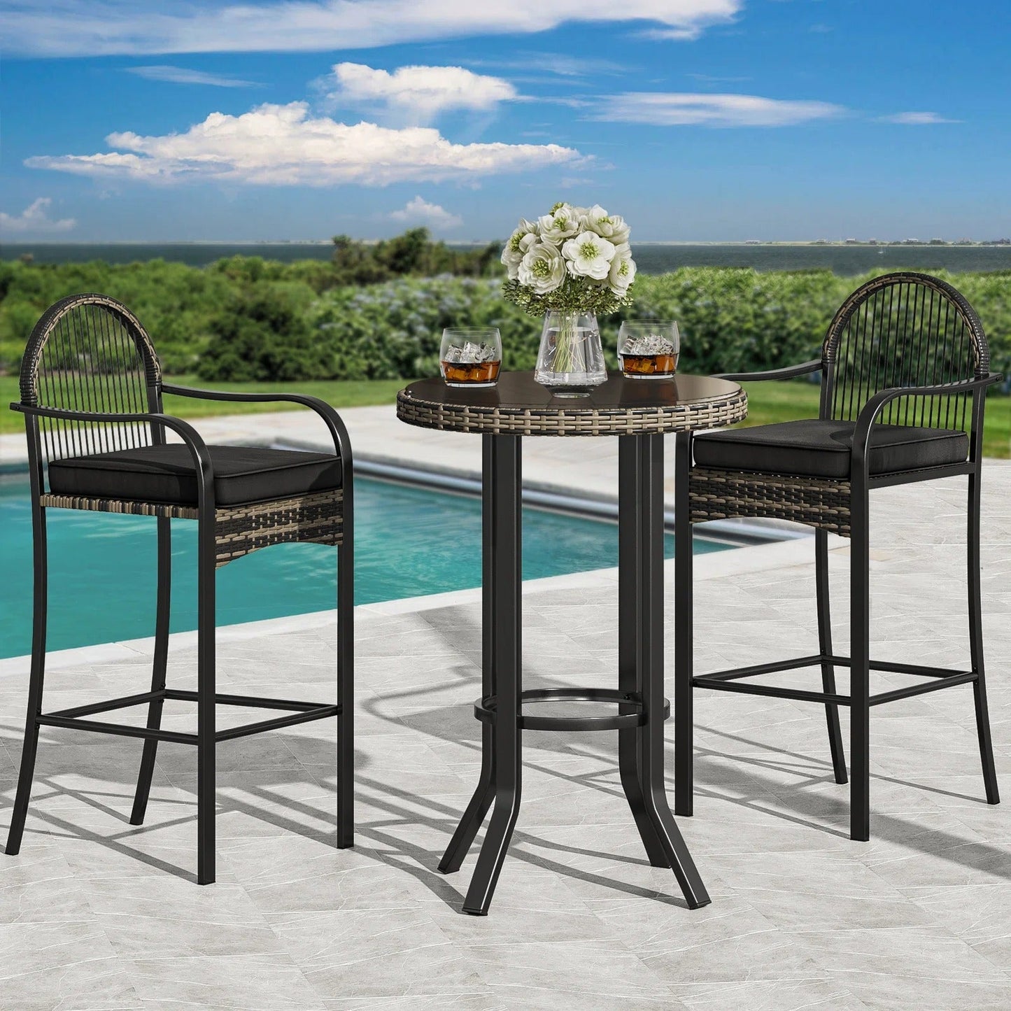 Kamei Outdoor Bar Set| Durable Garden Furniture-2 Chairs + 1 Table Black