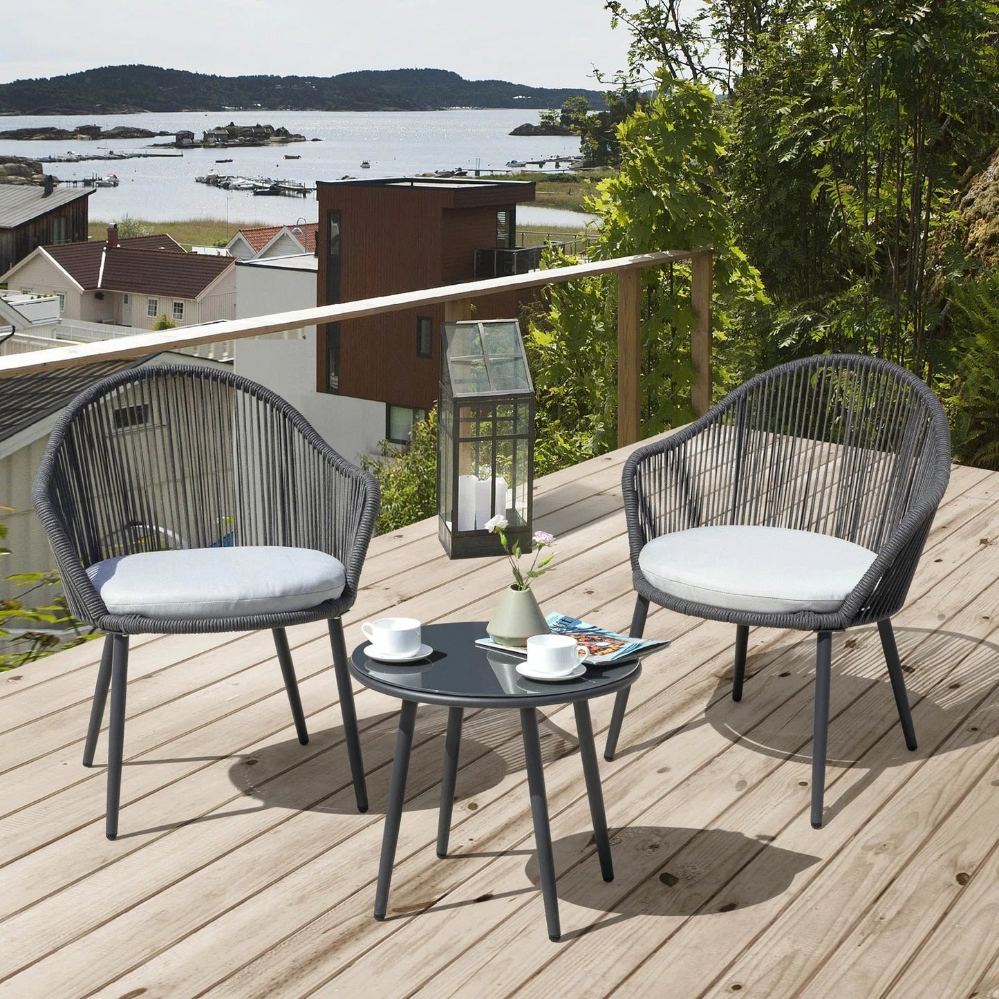 Celia Outdoor Patio Set| Durable Garden Furniture-2 Chairs + 1 Table Grey Braided & Rope