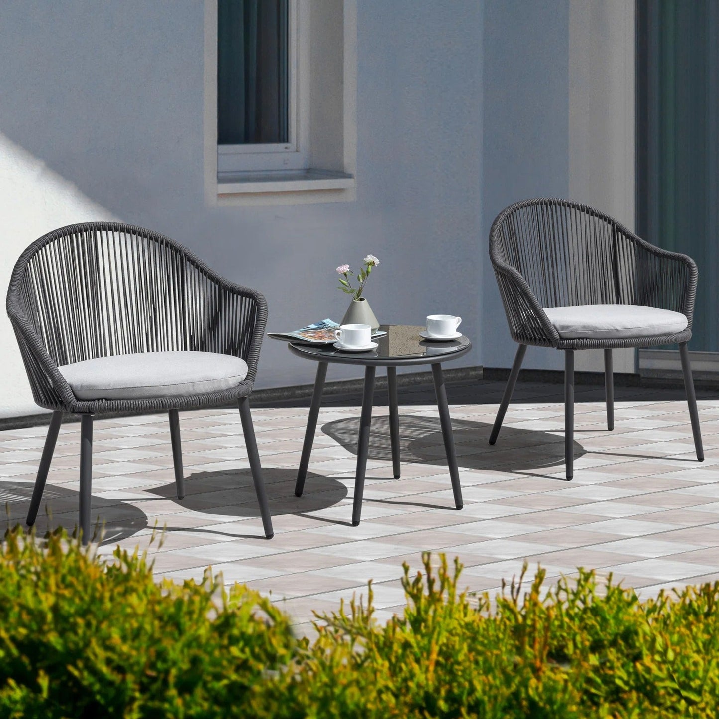 Celia Outdoor Patio Set| Durable Garden Furniture-2 Chairs + 1 Table Grey Braided & Rope