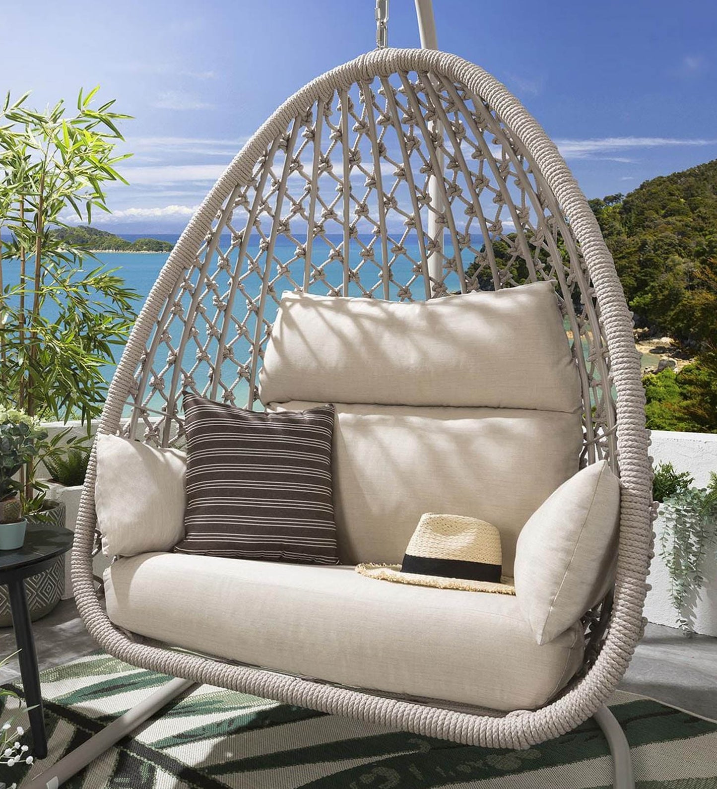 Nadine Single Seater Hanging Swing| With Stand For Outdoor (Natural) Braided and Rope