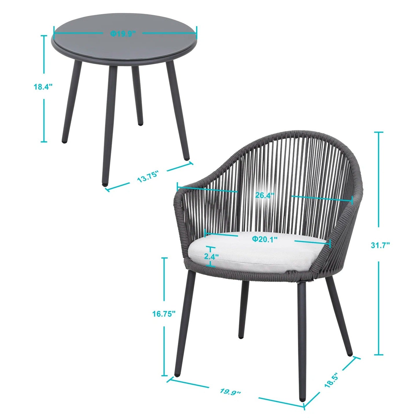 Celia Outdoor Patio Set| Durable Garden Furniture-2 Chairs + 1 Table Grey Braided & Rope
