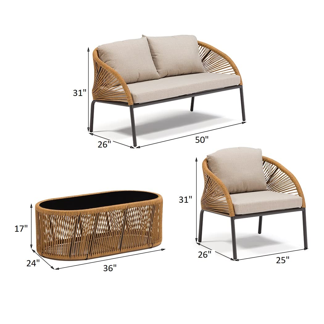 Almeric Outdoor Garden Balcony 4 Seater Sofa Set Braided and Rope-Brown