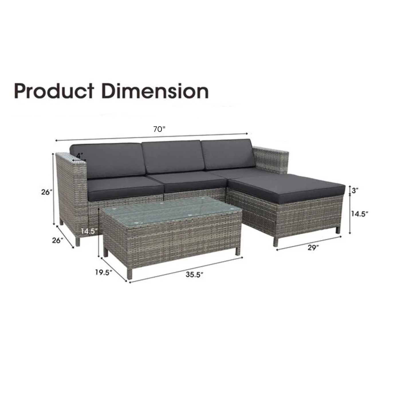 Ortrun Outdoor Garden Balcony 4 Seater Sofa Set- Grey