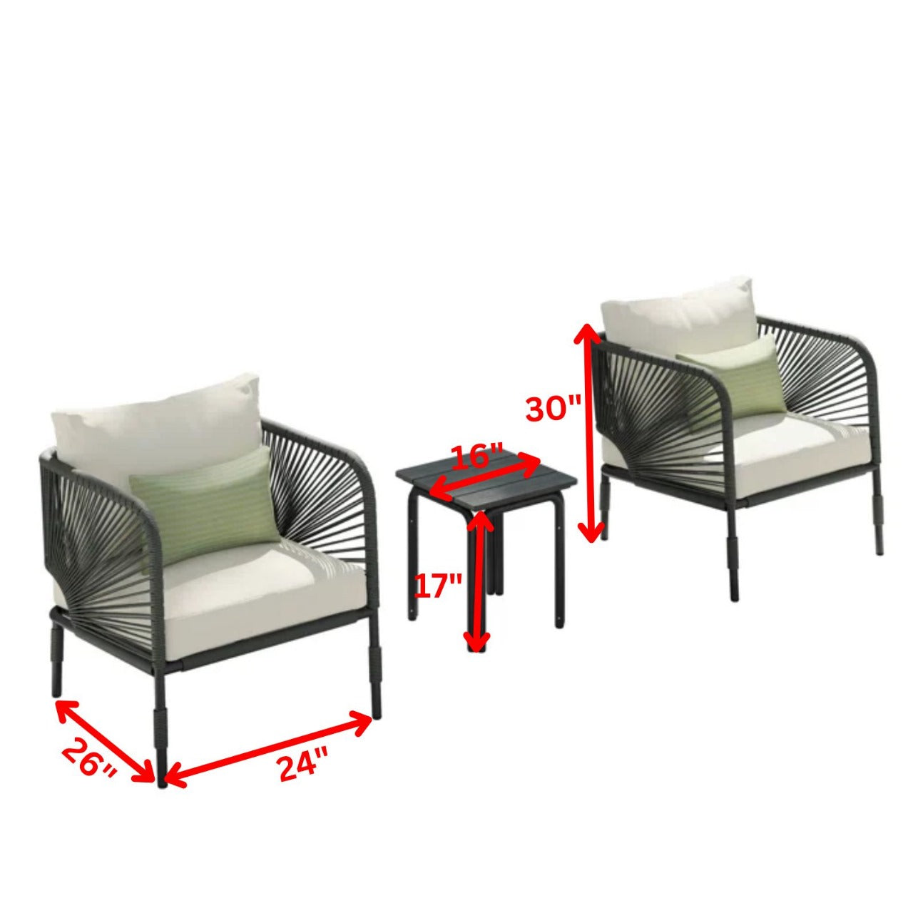 Rizzo Outdoor Patio Set| Durable Garden Furniture-2 Chairs + 1 Table Dark Grey Braided & Rope