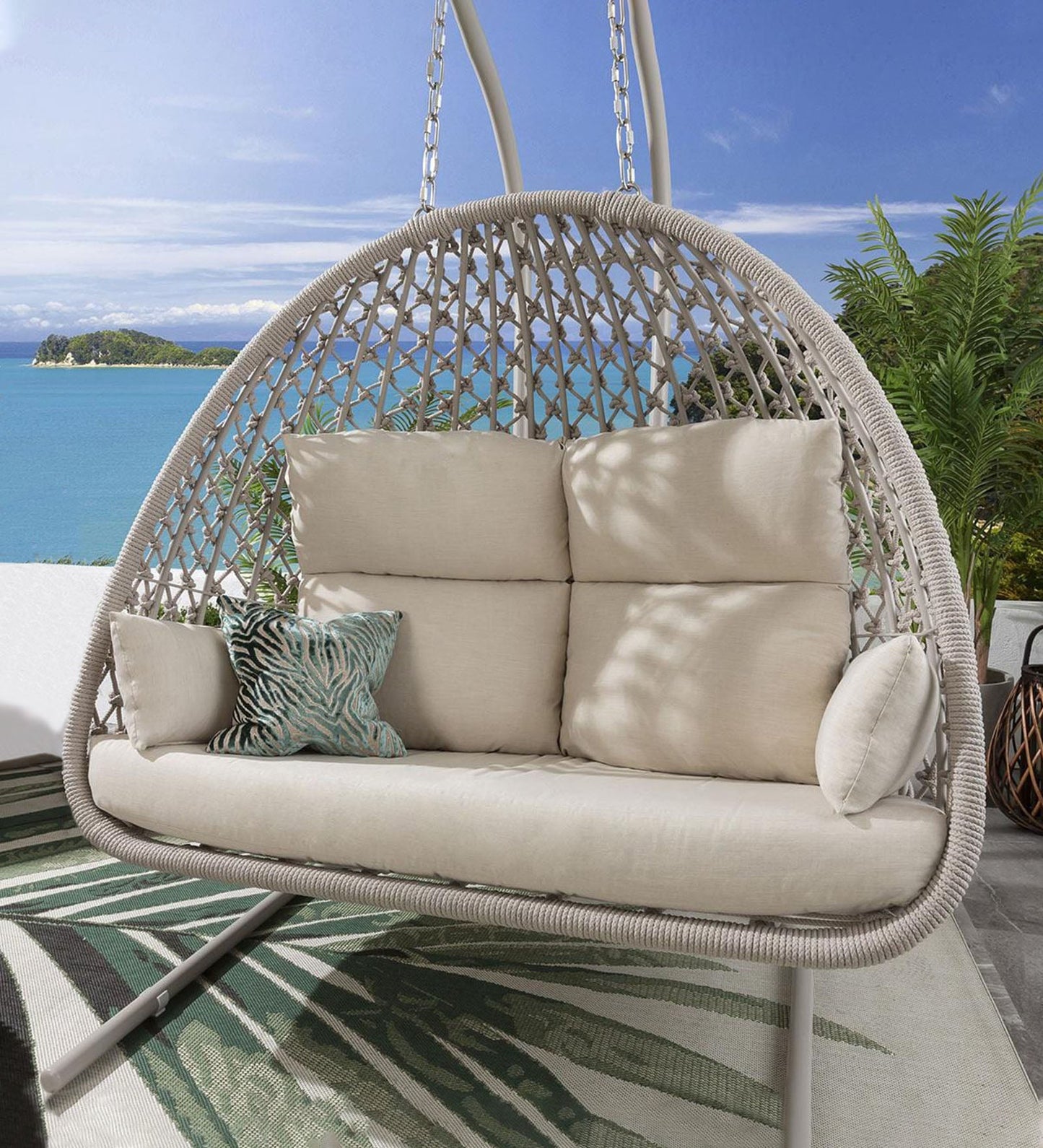 Lydie Double Seater Hanging Swing| With Stand For Outdoor (Natural) Braided and Rope