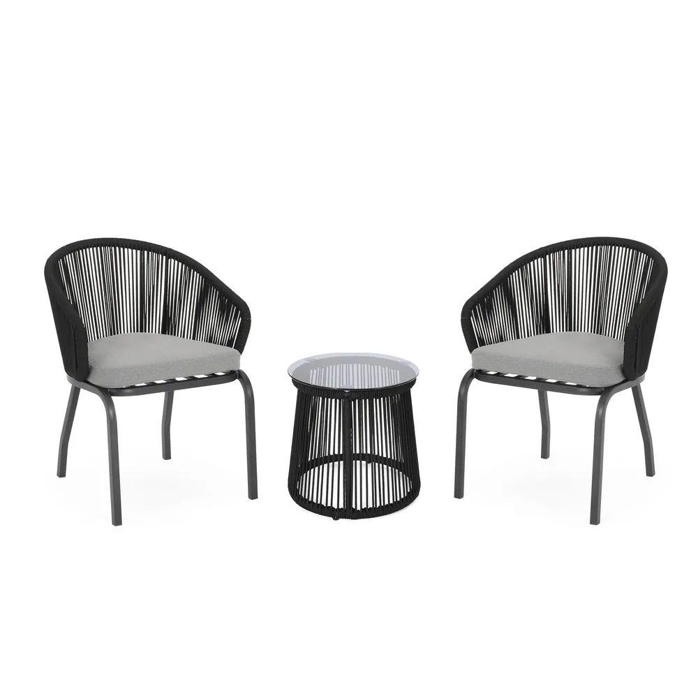 Maurizio Outdoor Patio Set| Durable Garden Furniture-2 Chairs + 1 Table Black Braided & Rope