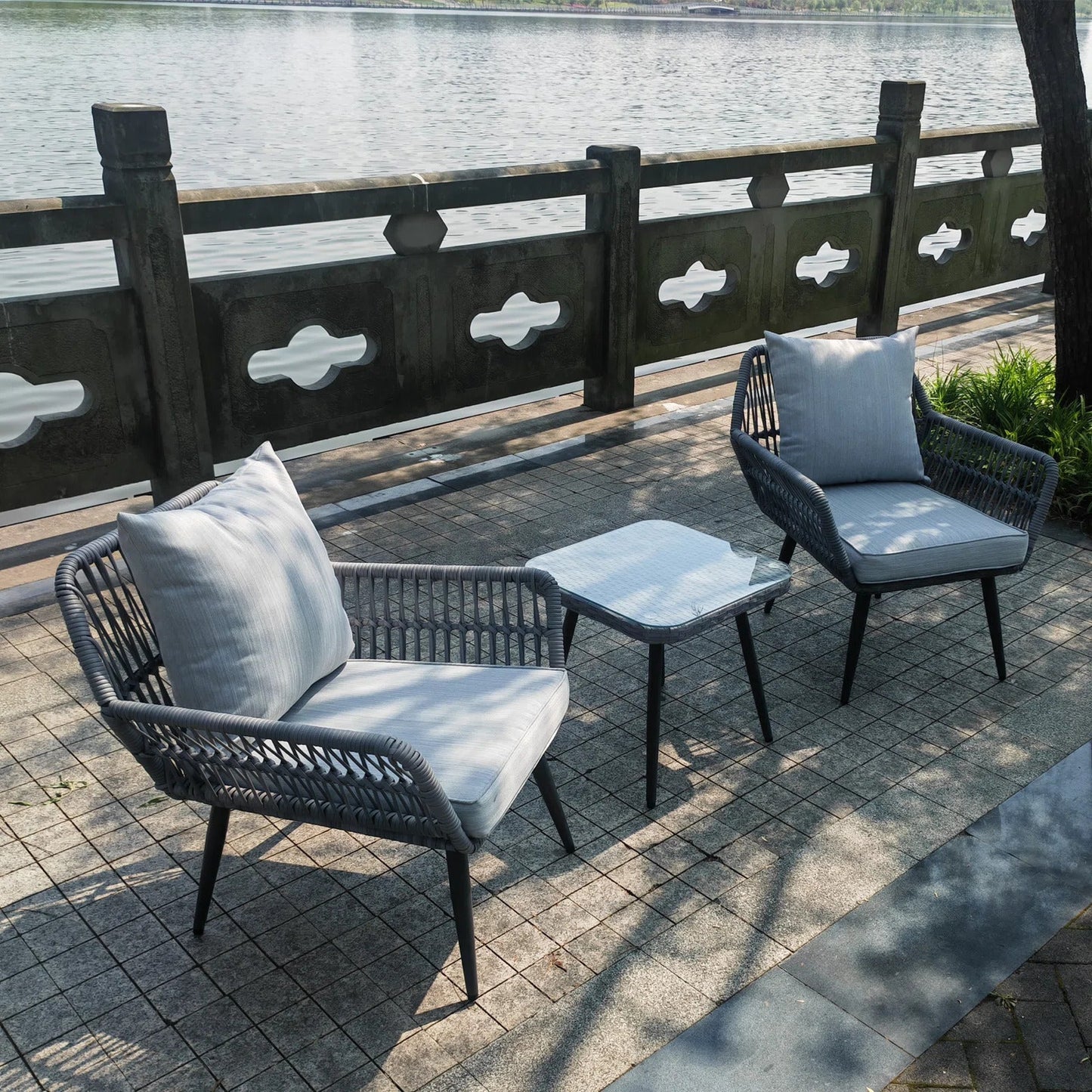 Felice Outdoor Patio Set| Durable Garden Furniture-2 Chairs + 1 Table Grey Braided & Rope