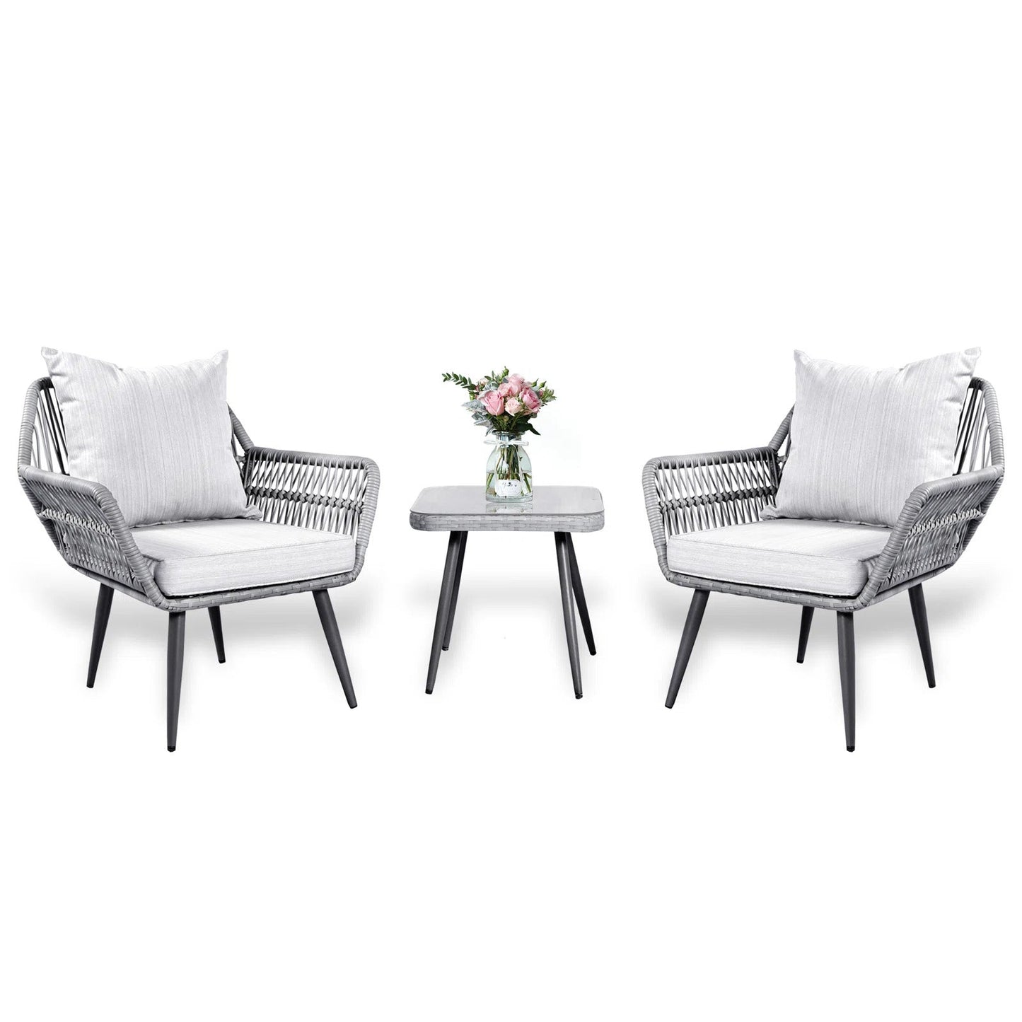 Felice Outdoor Patio Set| Durable Garden Furniture-2 Chairs + 1 Table Grey Braided & Rope