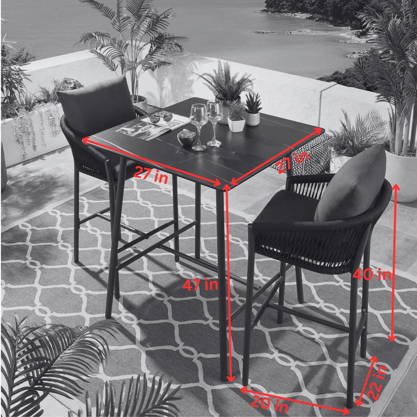 Akihiko Outdoor Bar Set| Durable Garden Furniture-2 Chairs + 1 Table Braided & Rope Beige
