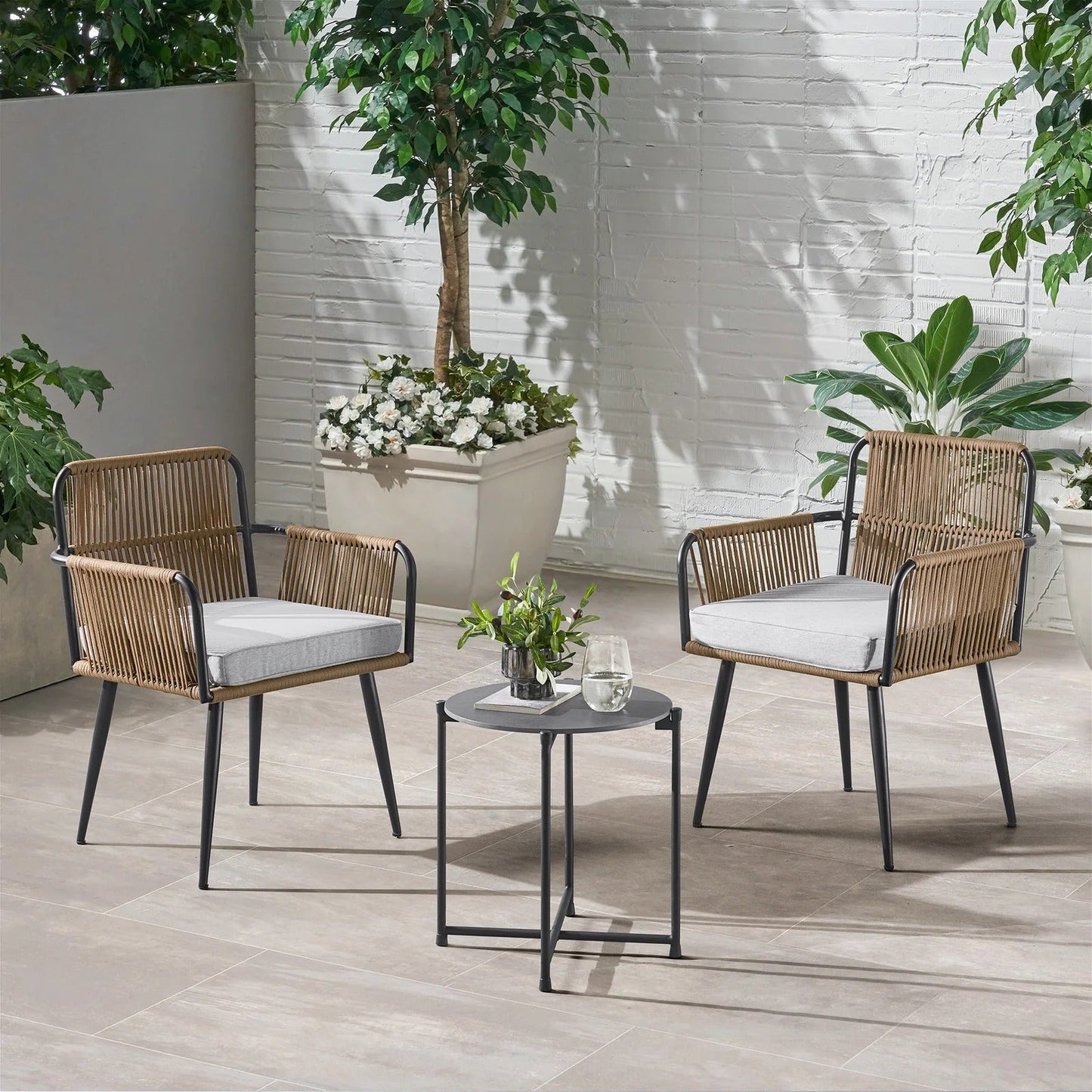 Benigna Outdoor Patio Set| Durable Garden Furniture-2 Chairs + 1 Table Tan Braided & Rope