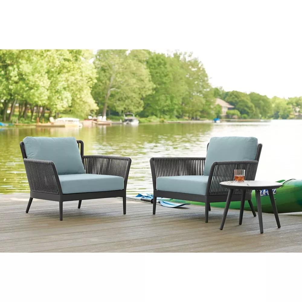 Baez Outdoor Patio Set| Durable Garden Furniture-2 Chairs + 1 Table Grey-Blue Braided & Rope