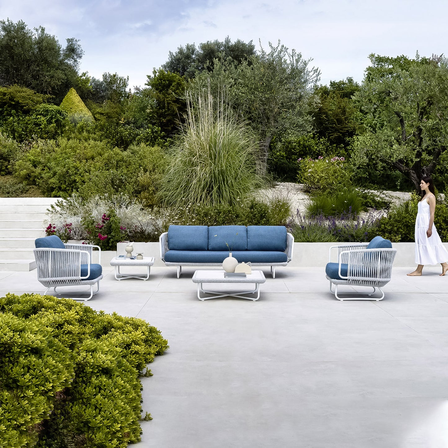 Sayin Outdoor Garden Balcony 5 Seater Sofa Set- Grey & Blue Braided and Rope