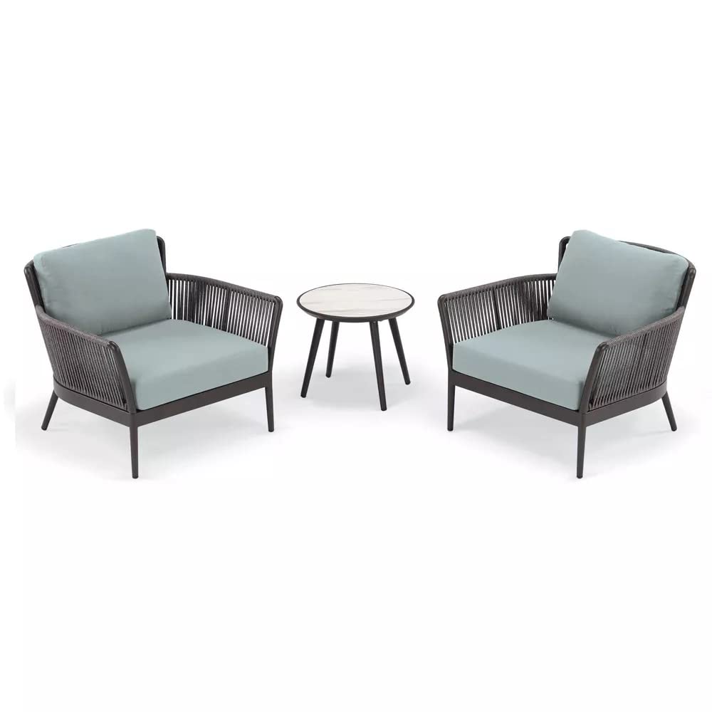 Baez Outdoor Patio Set| Durable Garden Furniture-2 Chairs + 1 Table Grey-Blue Braided & Rope