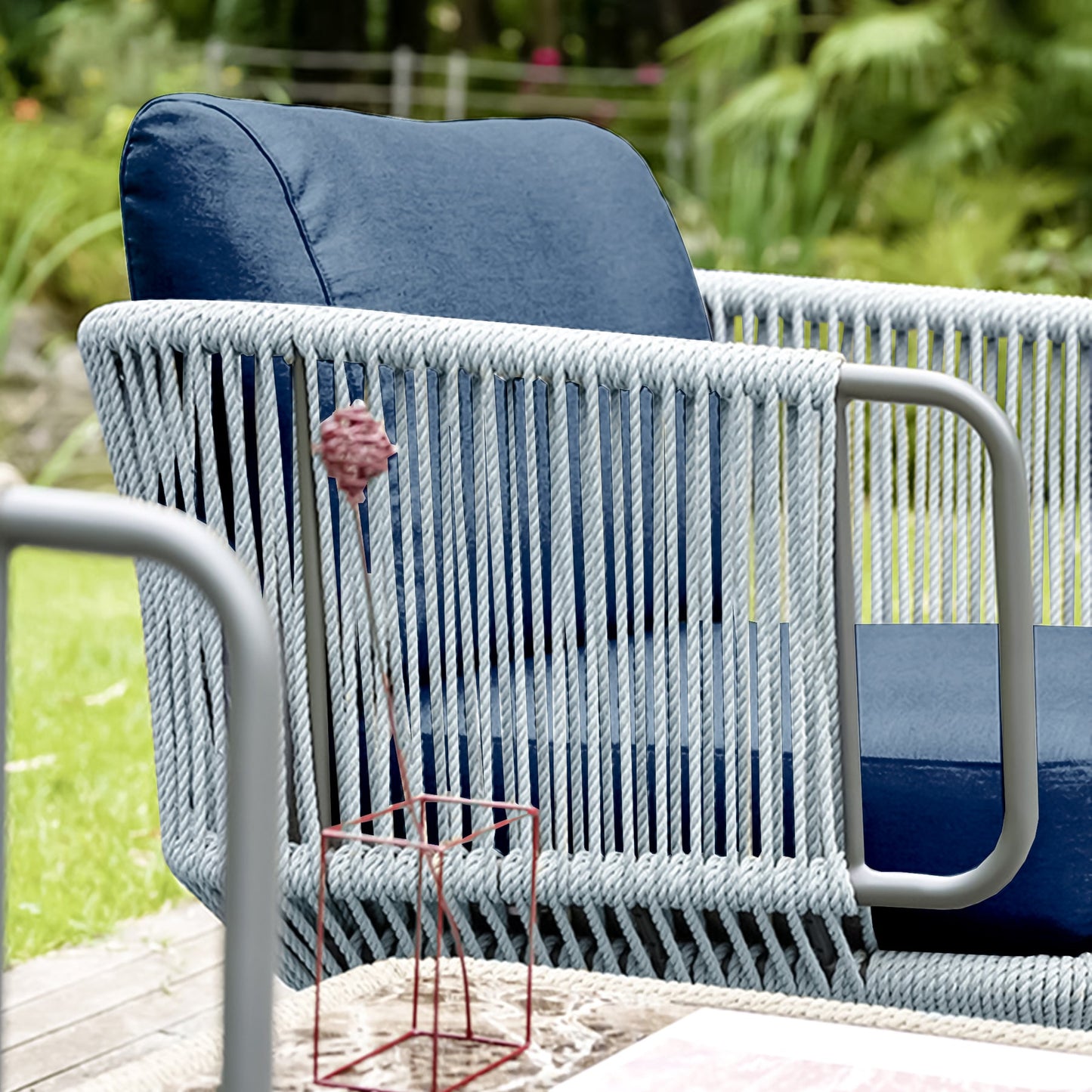 Sayin Outdoor Garden Balcony 5 Seater Sofa Set- Grey & Blue Braided and Rope