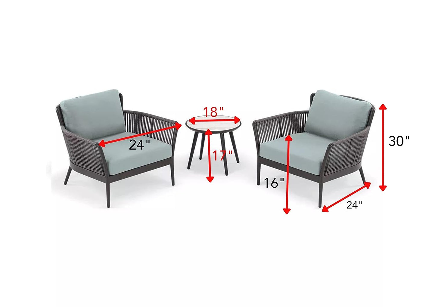 Baez Outdoor Patio Set| Durable Garden Furniture-2 Chairs + 1 Table Grey-Blue Braided & Rope