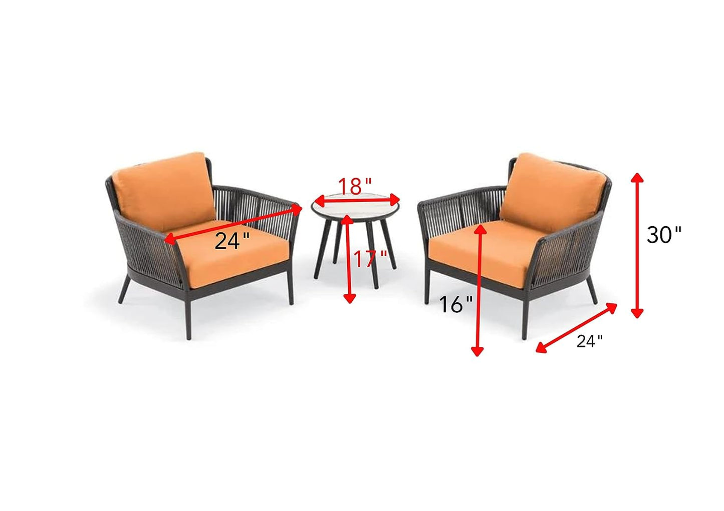 Fabián Outdoor Patio Set| Durable Garden Furniture-2 Chairs + 1 Table Grey-Orange Braided & Rope