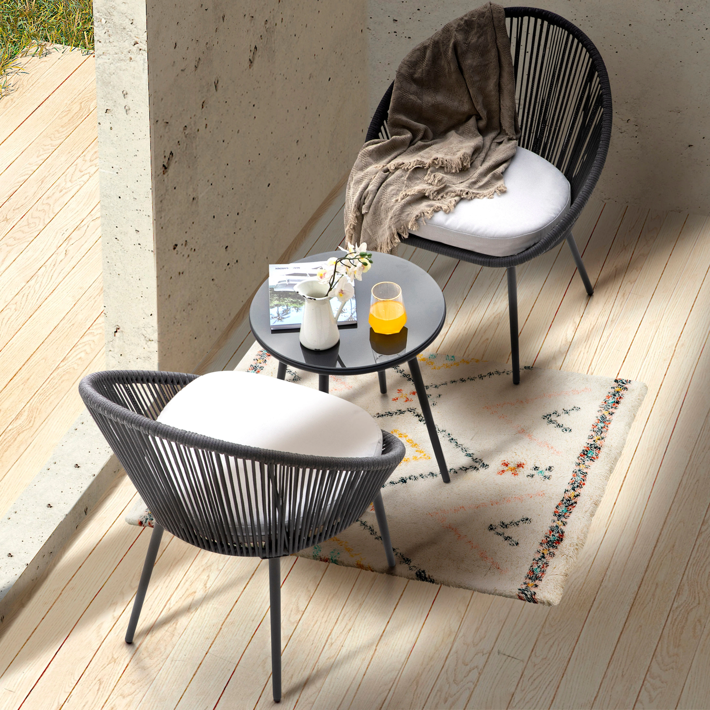 Paca Outdoor Patio Set| Durable Garden Furniture-2 Chairs + 1 Table Dark Grey Braided & Rope