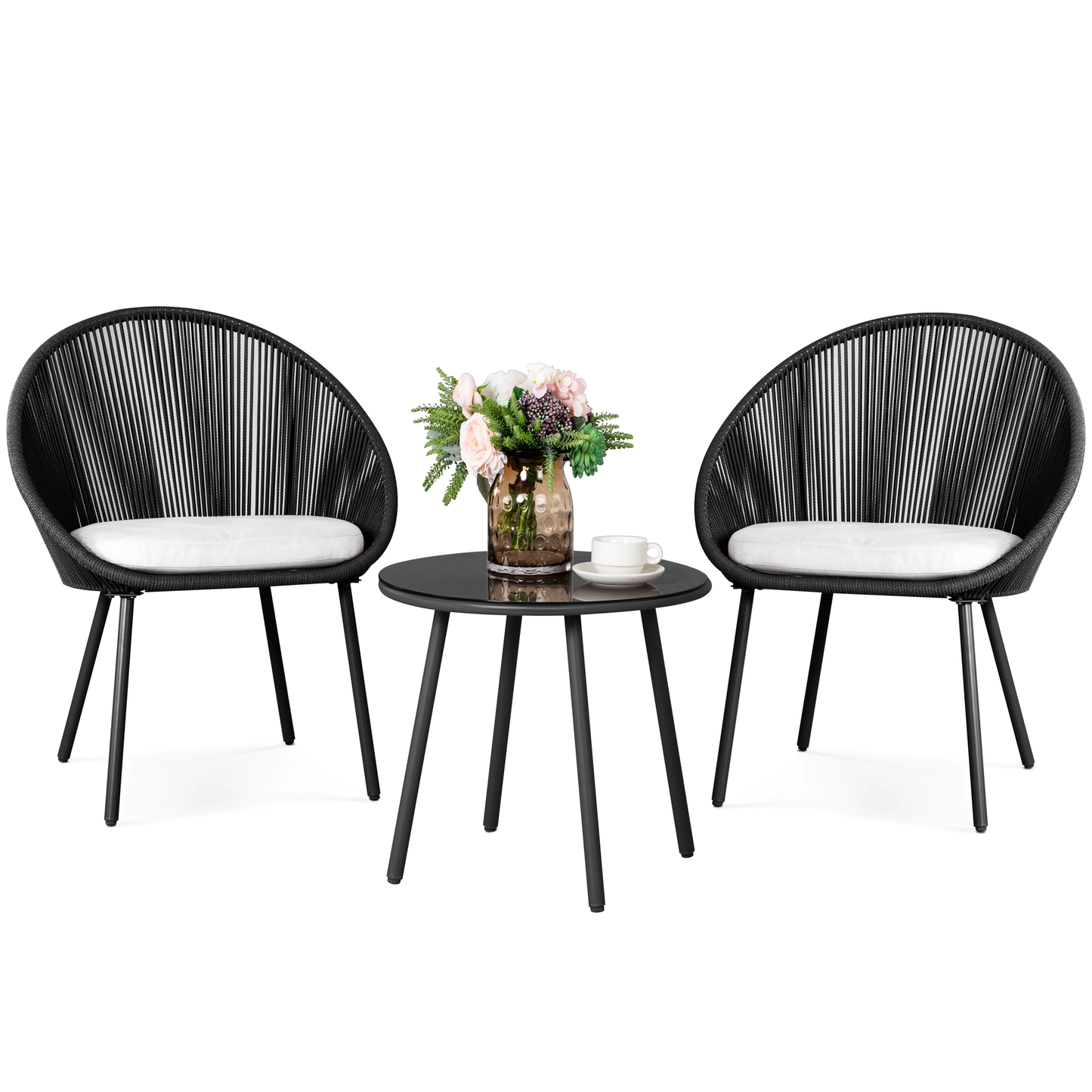 Paca Outdoor Patio Set| Durable Garden Furniture-2 Chairs + 1 Table Dark Grey Braided & Rope