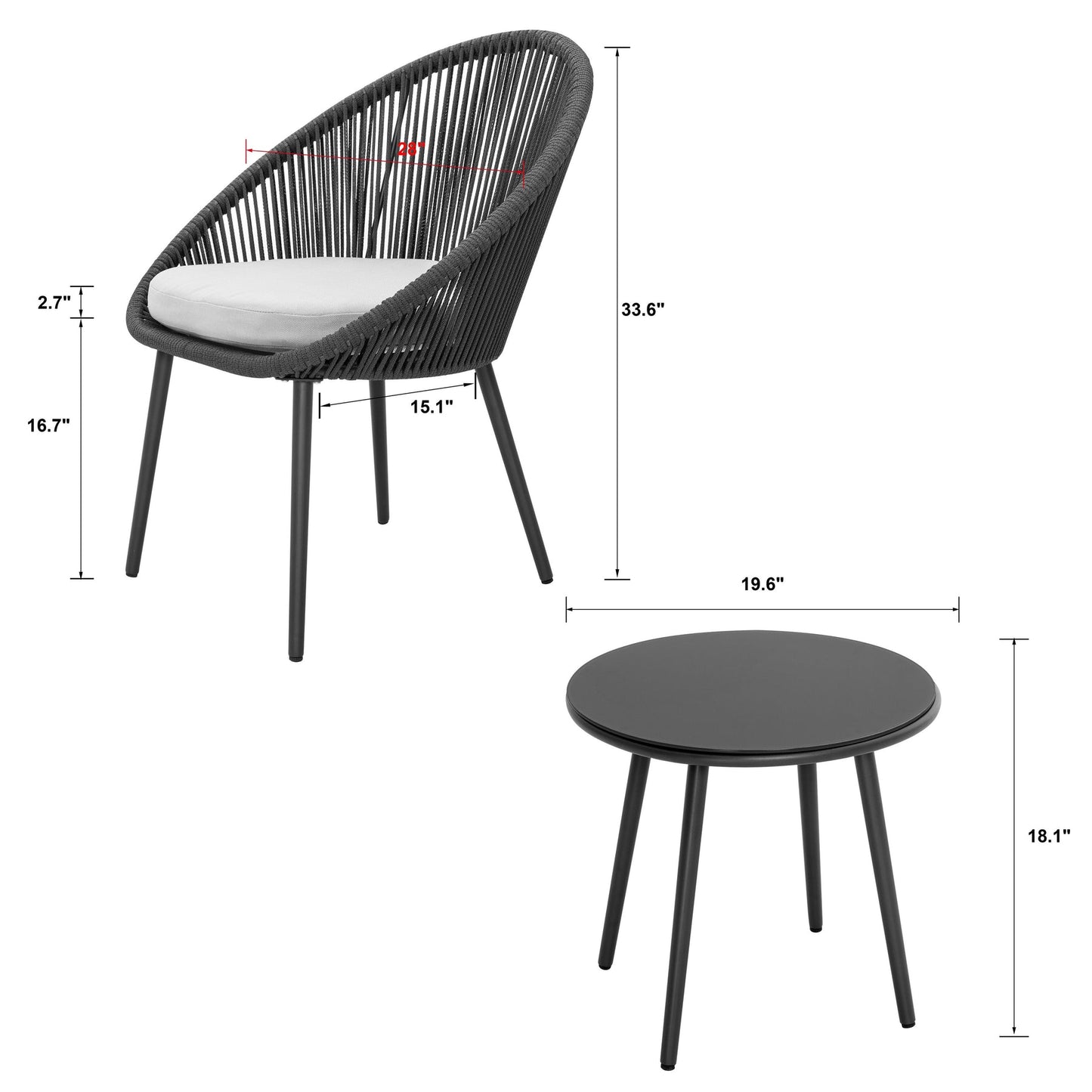 Paca Outdoor Patio Set| Durable Garden Furniture-2 Chairs + 1 Table Dark Grey Braided & Rope