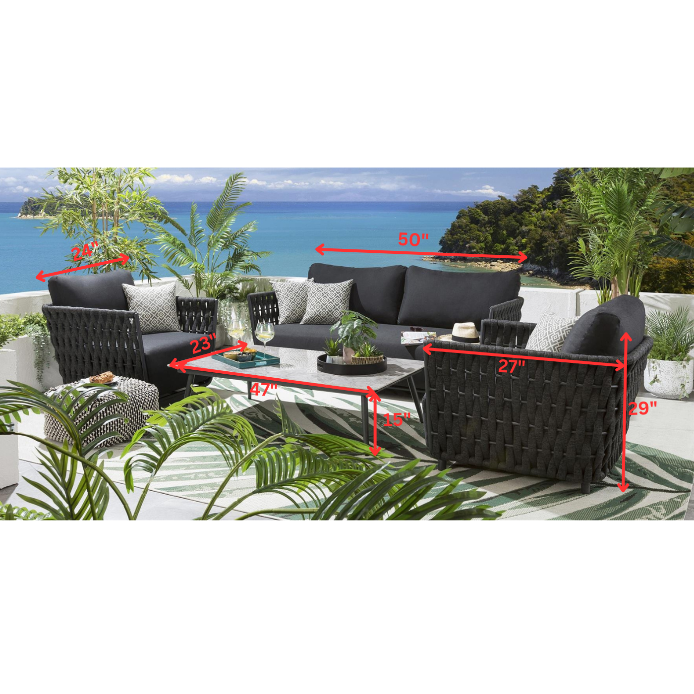 Wenzel Outdoor Garden Balcony 4 Seater Sofa Set Braided and Rope-Grey