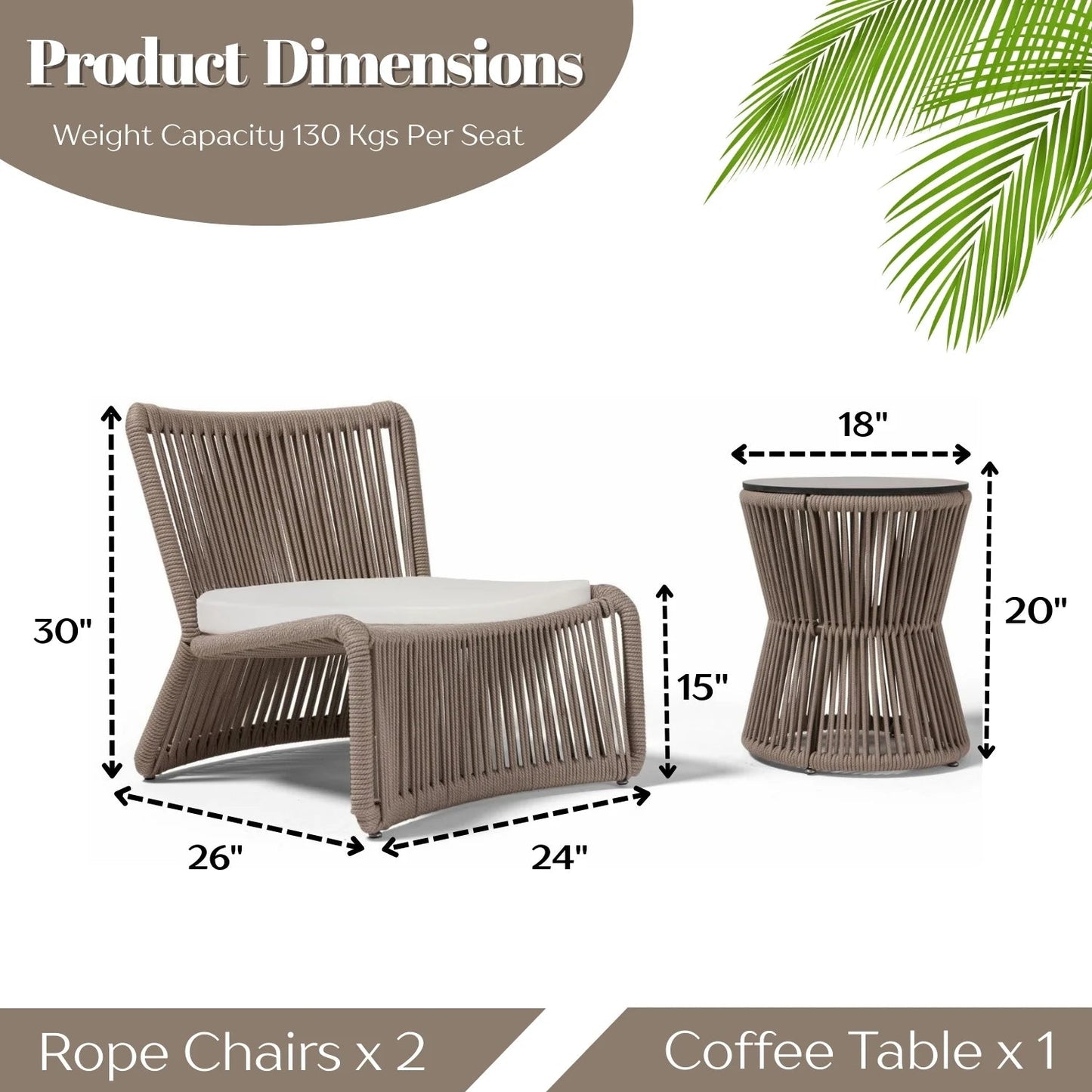 Ioann Outdoor Patio Set| Durable Garden Furniture-2 Chairs + 1 Table Braided and Rope Light Brown