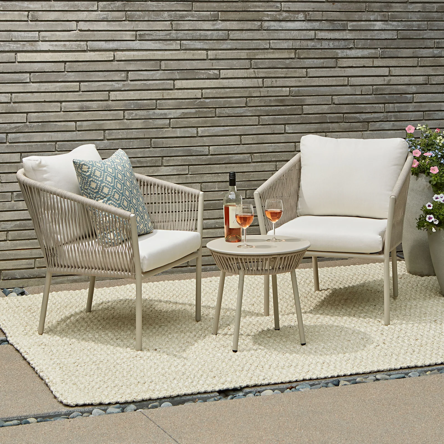 Pico Outdoor Patio Set| Durable Garden Furniture-2 Chairs + 1 Table Beige Braided & Rope