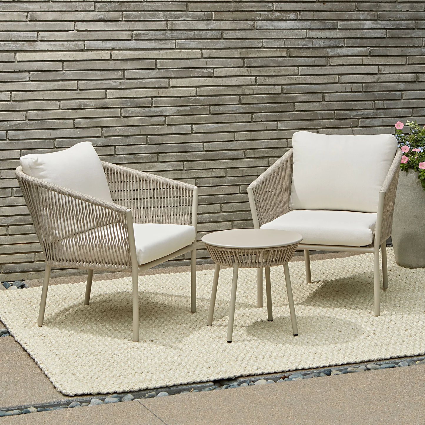 Pico Outdoor Patio Set| Durable Garden Furniture-2 Chairs + 1 Table Beige Braided & Rope