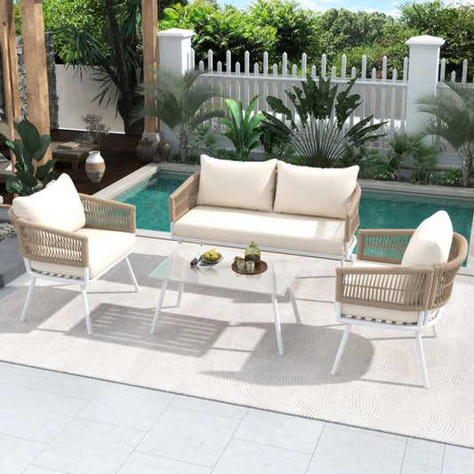 Teufel Outdoor Garden Balcony 4 Seater Sofa Set Braided and Rope-Beige