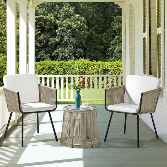 Sias Outdoor Patio Set| Durable Garden Furniture-2 Chairs + 1 Table Tan Braided & Rope