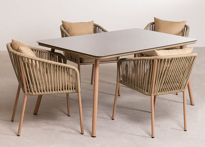 Odo Outdoor Patio Set| Durable Garden Furniture-4 Chairs + 1 Table Braided and Rope Brown