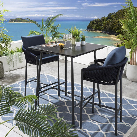 Sango Outdoor Bar Set| Durable Garden Furniture-2 Chairs + 1 Table Braided & Rope Blue