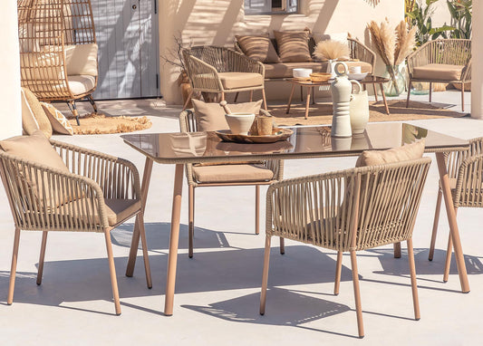 Odo Outdoor Patio Set| Durable Garden Furniture-4 Chairs + 1 Table Braided and Rope Brown