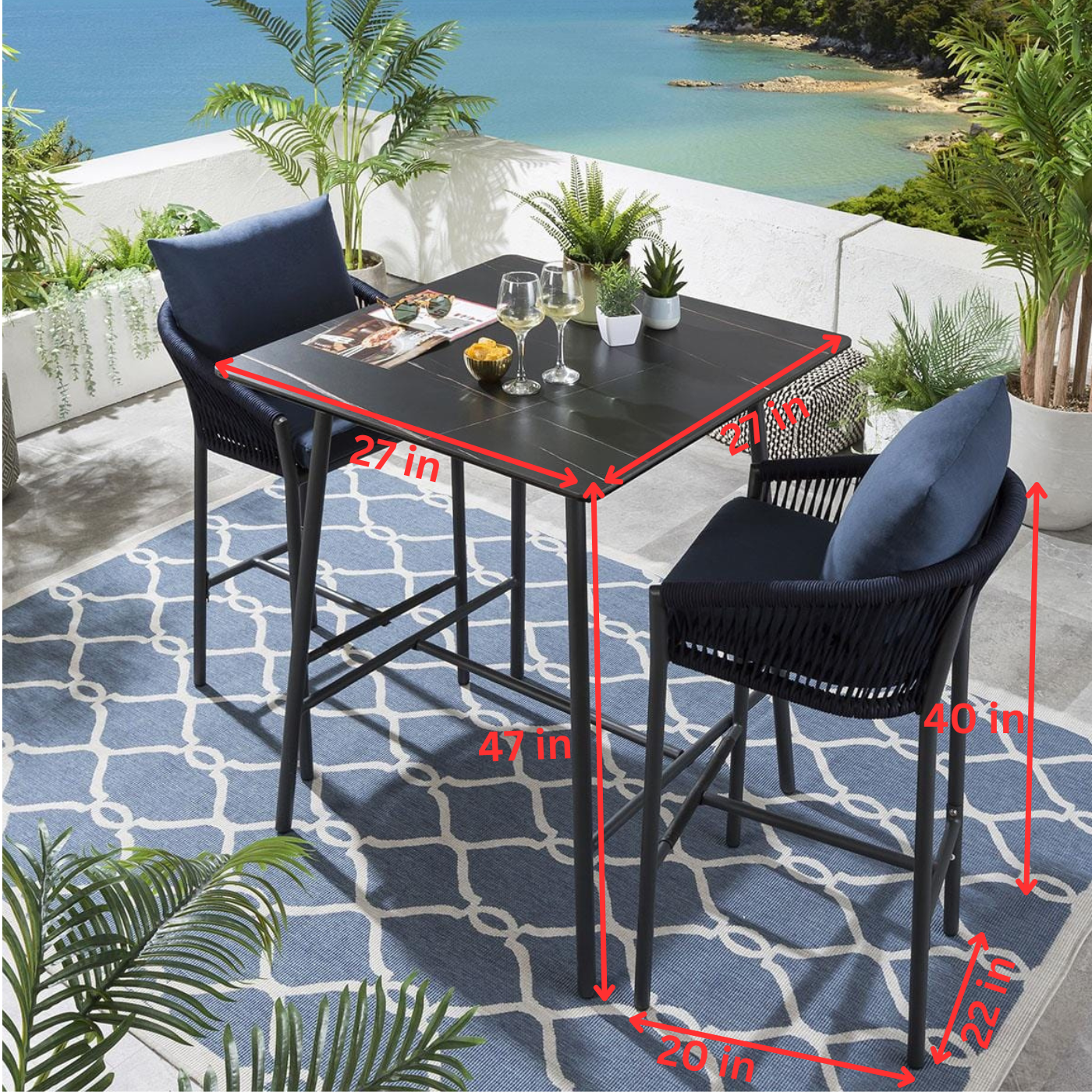 Sango Outdoor Bar Set| Durable Garden Furniture-2 Chairs + 1 Table Braided & Rope Blue