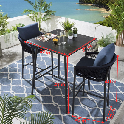 Sango Outdoor Bar Set| Durable Garden Furniture-2 Chairs + 1 Table Braided & Rope Blue