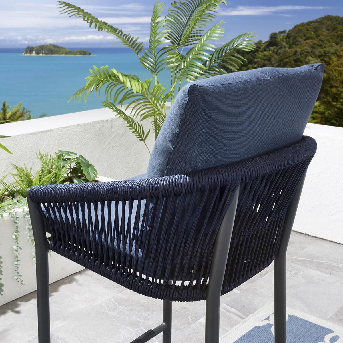 Sango Outdoor Bar Set| Durable Garden Furniture-2 Chairs + 1 Table Braided & Rope Blue