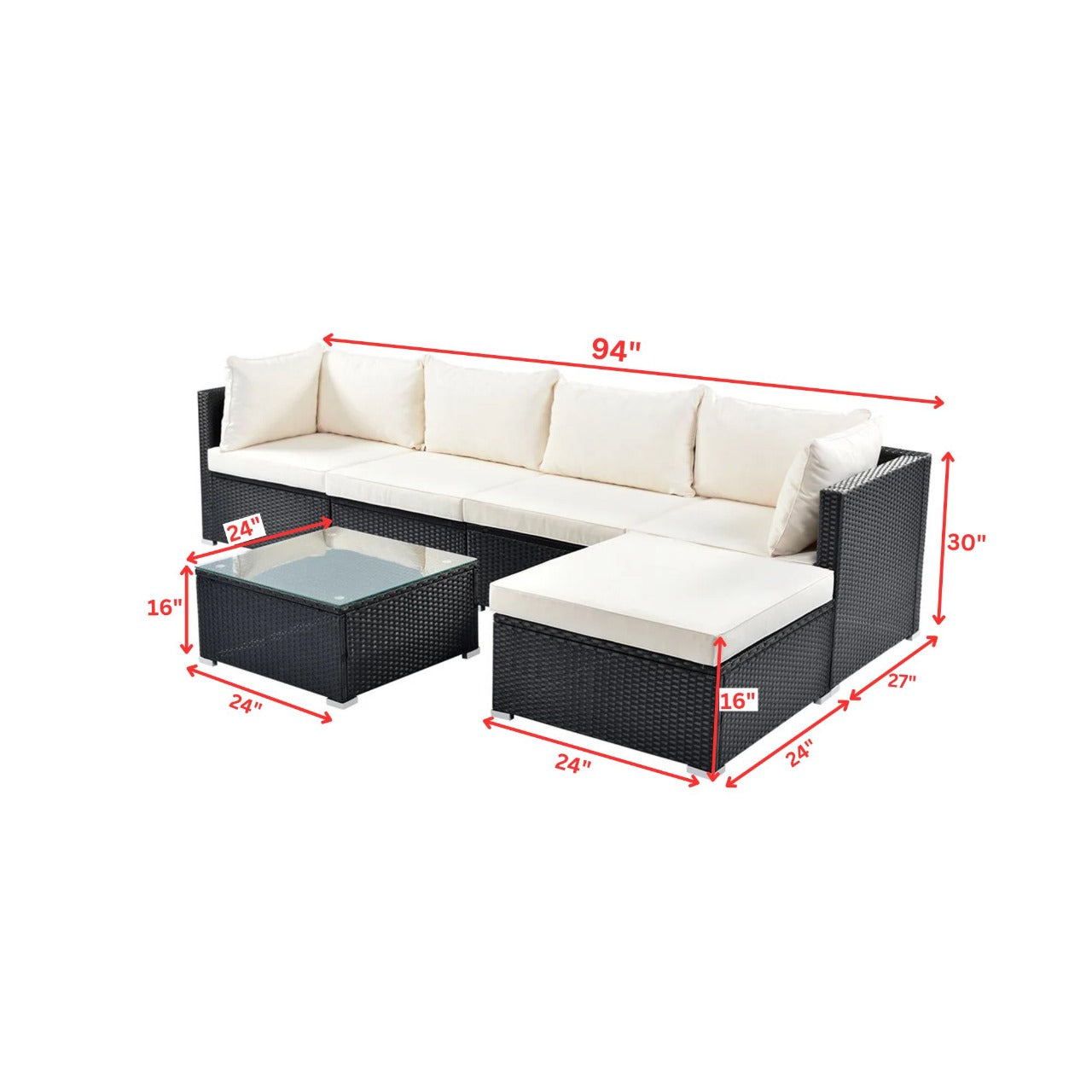 Inan Outdoor Garden Balcony 5 Seater Sofa Set- Black