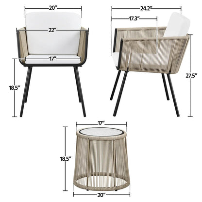 Sias Outdoor Patio Set| Durable Garden Furniture-2 Chairs + 1 Table Tan Braided & Rope