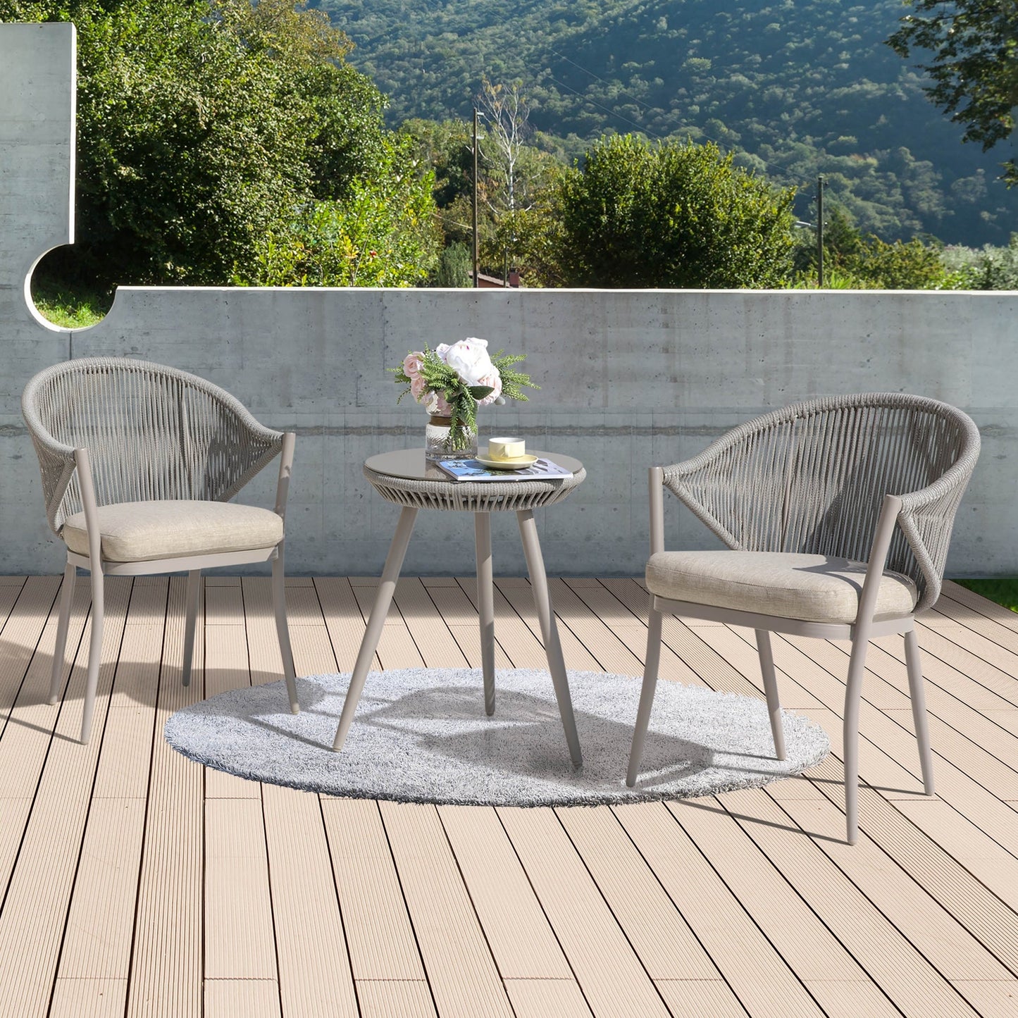 Alita Outdoor Patio Set| Durable Garden Furniture-2 Chairs + 1 Table Grey Braided & Rope
