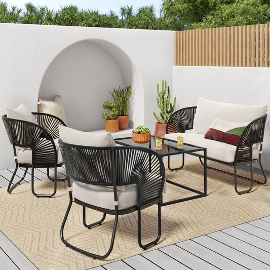 Forst Outdoor Garden Balcony 4 Seater Sofa Set Braided and Rope-Black