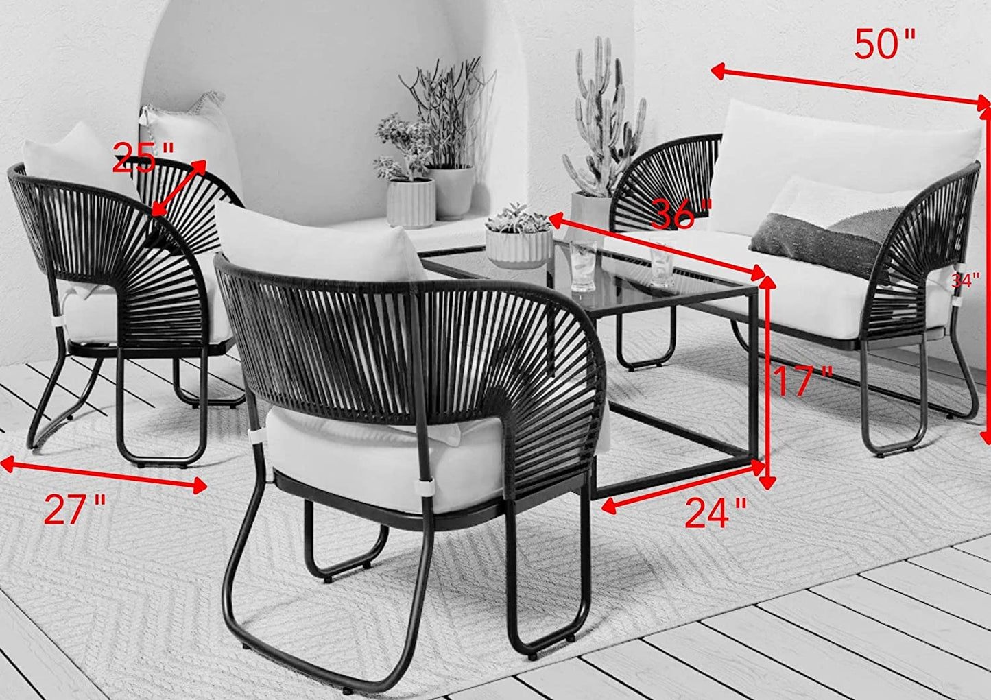 Forst Outdoor Garden Balcony 4 Seater Sofa Set Braided and Rope-Black