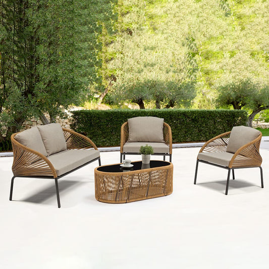 Almeric Outdoor Garden Balcony 4 Seater Sofa Set Braided and Rope-Brown