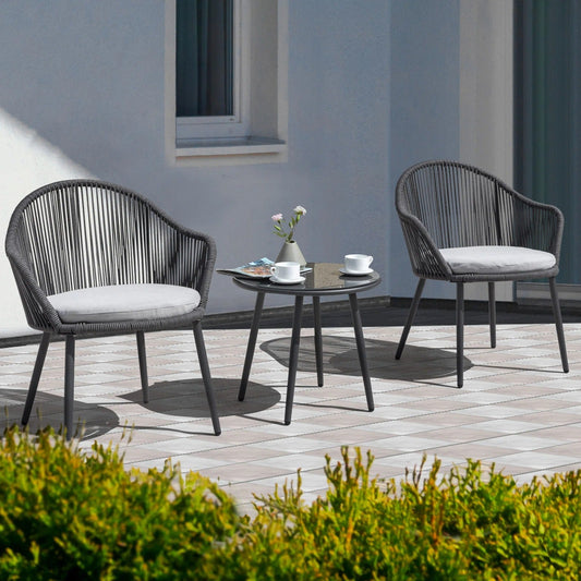 Celia Outdoor Patio Set| Durable Garden Furniture-2 Chairs + 1 Table Grey Braided & Rope