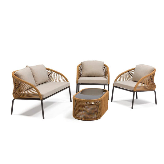 Almeric Outdoor Garden Balcony 4 Seater Sofa Set Braided and Rope-Brown