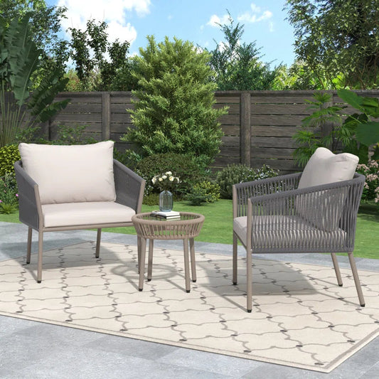 Toscani Outdoor Patio Set| Durable Garden Furniture-2 Chairs + 1 Table Grey Braided & Rope