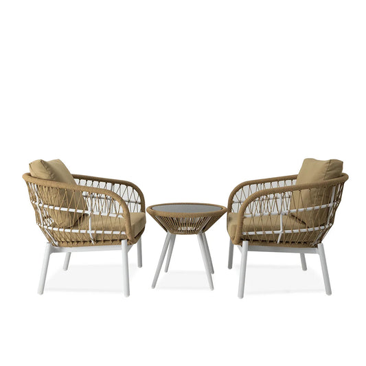 Fiore Outdoor Patio Set| Durable Garden Furniture-2 Chairs + 1 Table Beige Braided & Rope