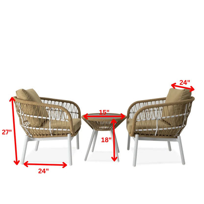 Fiore Outdoor Patio Set| Durable Garden Furniture-2 Chairs + 1 Table Beige Braided & Rope