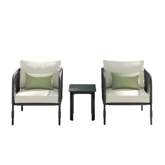 Rizzo Outdoor Patio Set| Durable Garden Furniture-2 Chairs + 1 Table Dark Grey Braided & Rope