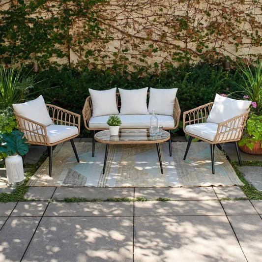 Eilert Outdoor Garden Balcony 4 Seater Sofa Set- Tan
